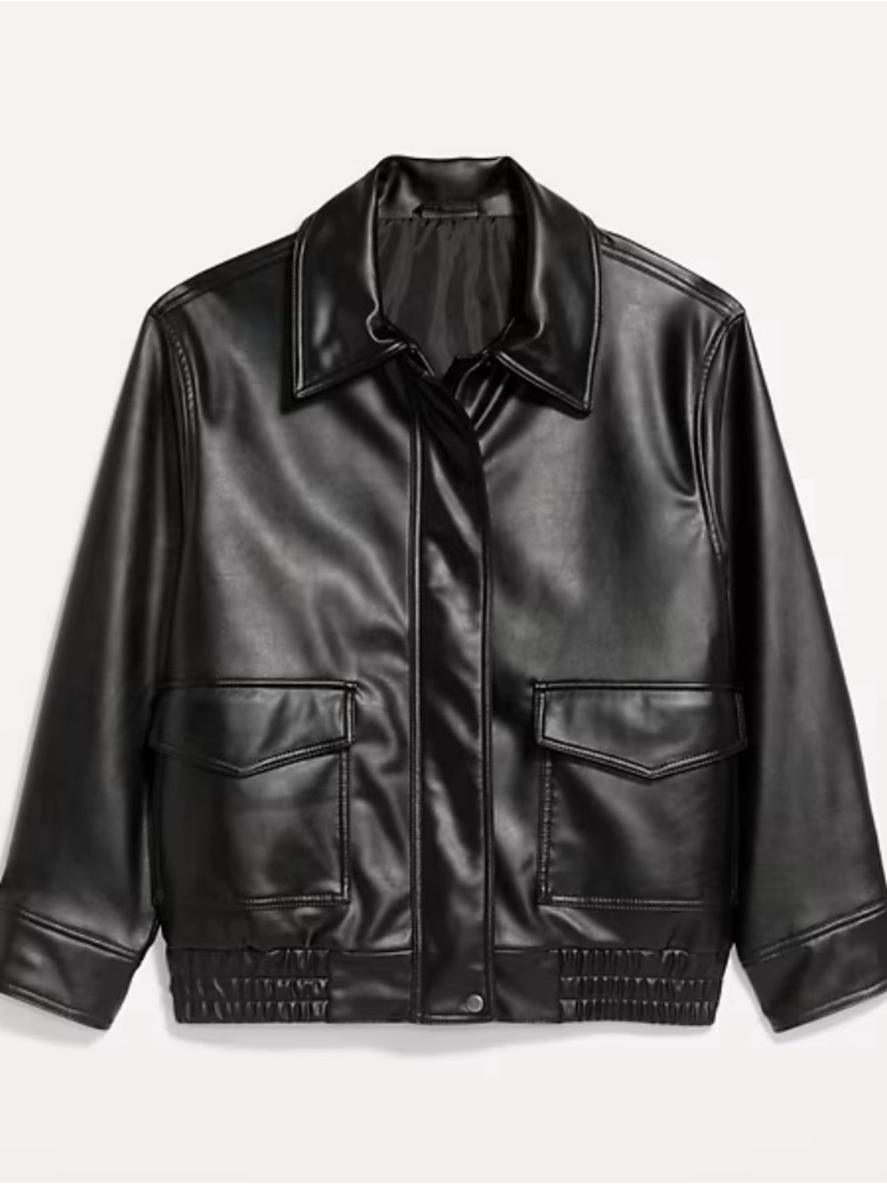 Black Faux Leather Jacket for Women - Classic Collar Bomber